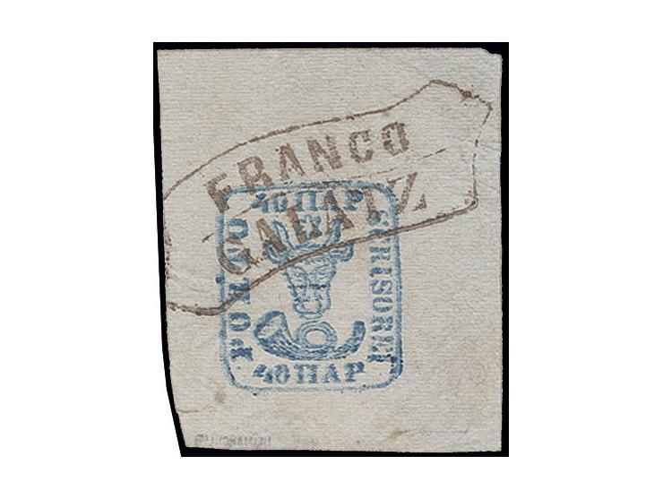 bluish paper: 40 par. blue, enormous margins all around, cancelled by clear "FRANCO GALATZ"; a marvellous copy of this stamp,