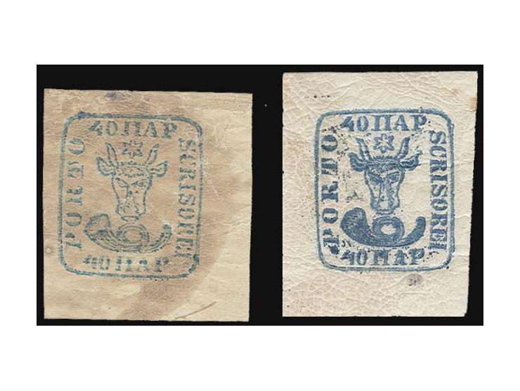 40 par. blue and greenish-blue, both with wide margins, unused o.g, very fine