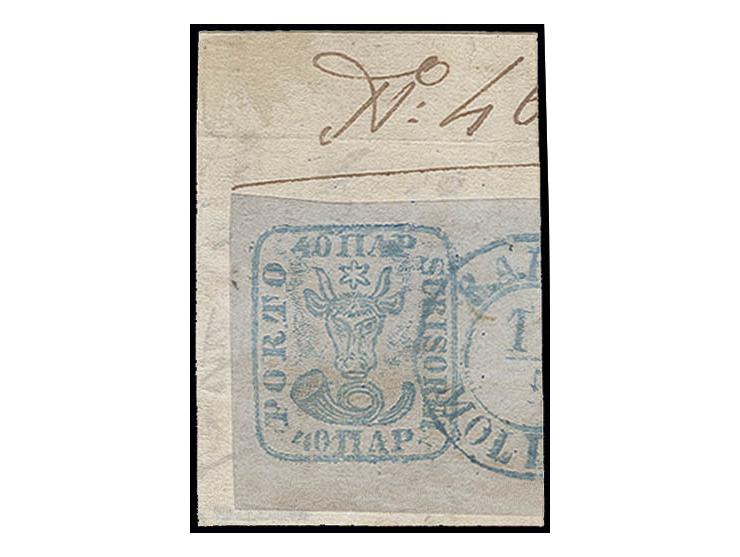 40 par. blue with wide to enormous margins, tied by blue "BACEU MOLDOVA" to piece, very fine, signed Heimbüchler BPP