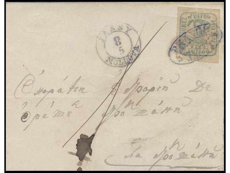 40 par. greenish-blue on yellowish paper, good to wide margins all around, tied by violet-blue "FRANCO JASSY" to lettersheet 