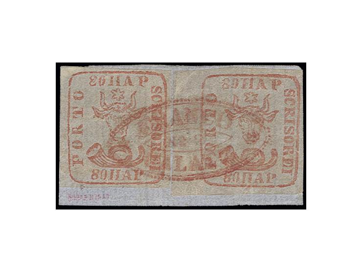 80 par. vermilion, 2 copies with full to partly large margins, tied by clear red oval "FRANCO GALATZ" to small piece, very fi