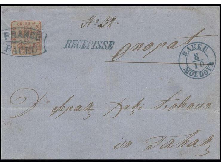 80 par. vermilion, cut to shape, tied by clear "FRANCO BACEU" to lettersheet (side flaps missing) with adjacent date stamp "B