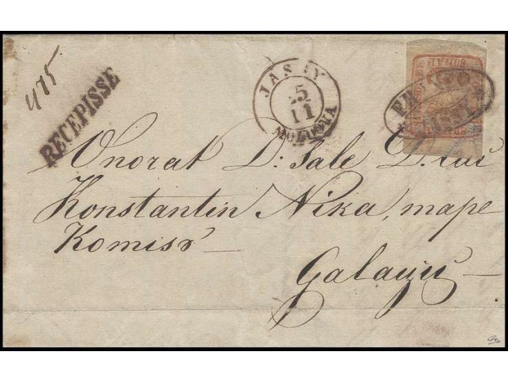 80 par. vermilion on yellowish paper, clear to wide margins, tied by brownish "FRANCO JASSY" with adjacent cds. "JASSY MOLDOV