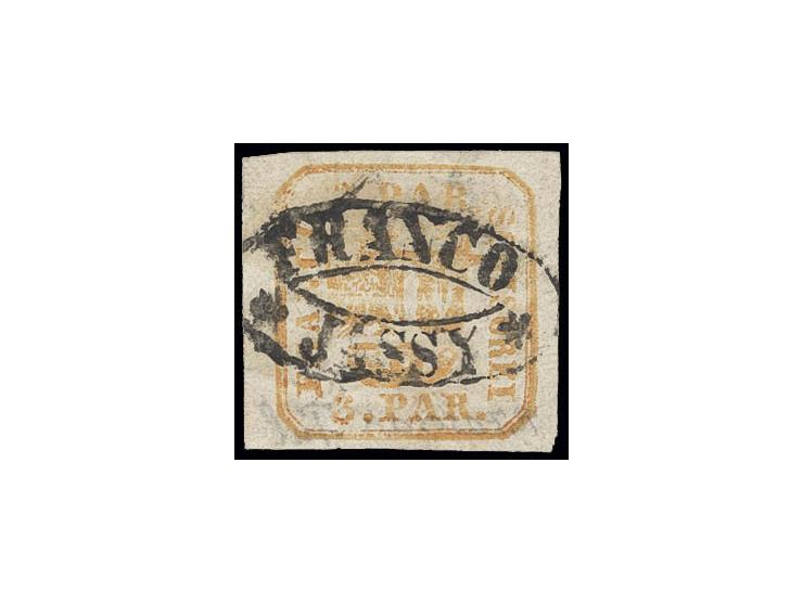 1862, Printed from single dies: 3 par. orange-yellow, good even margins all around, cancelled by central clear "FRANCO JASSY"