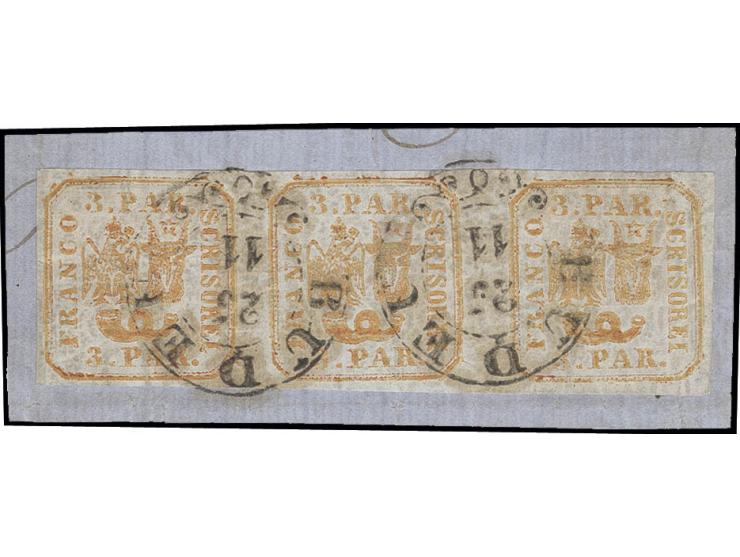 3 par. orange-yellow, horizontal strip of 3 with good to wide margins all around, neatly cancelled by cds. "BUDEU 25/11", use