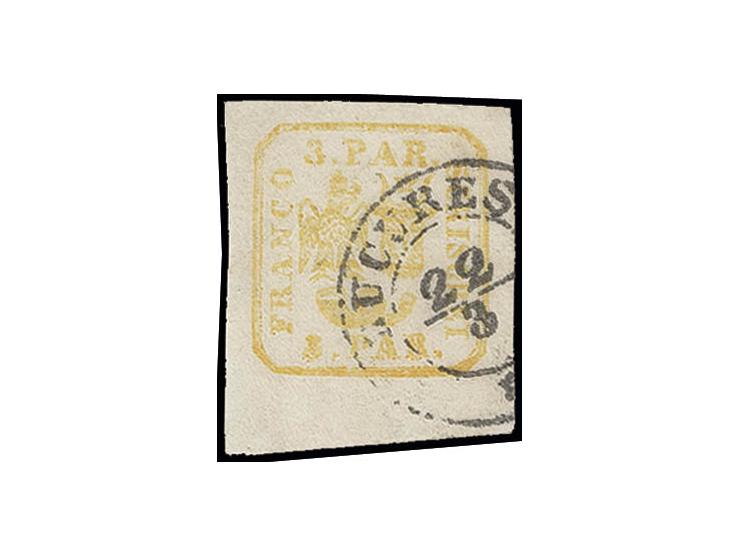 3 par. orange on horizontally laid paper, wide to very large margins, neatly cancelled "BUCURESCI 22/3"; at right a tear of a