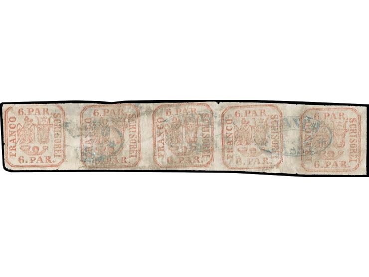 6 par. brownish-red, horizontal strip of 5 with clear to wide margins, cancelled by 3 strikes of blue oval "FRANCO JASSY", se