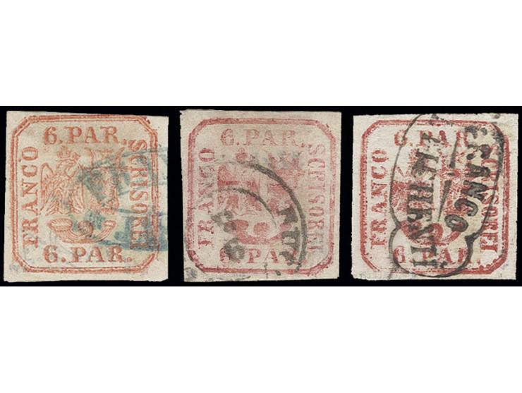 6 par. red and 2 copies carmine in different shades, used, one with almost complete clear "FRANCO FOLTICHENI", fine, all sign