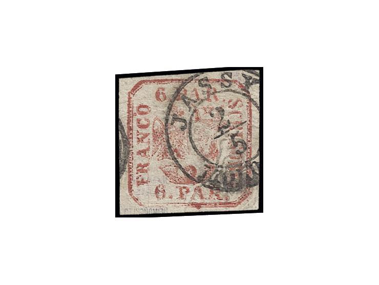 6 par. carmine on laid paper, good margins, cancelled by clear cds. "JASSY MOLDOVA 2/5", small natural printing crease, fine,