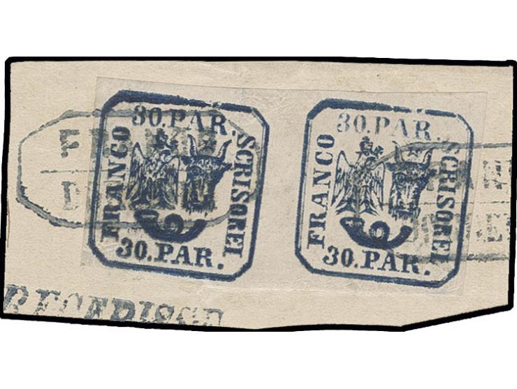 30 par. blue in horizontal pair, very dark shade, full to wide margins, tied by 2 strikes of  "FRANCO DOROEHOJ" to small piec