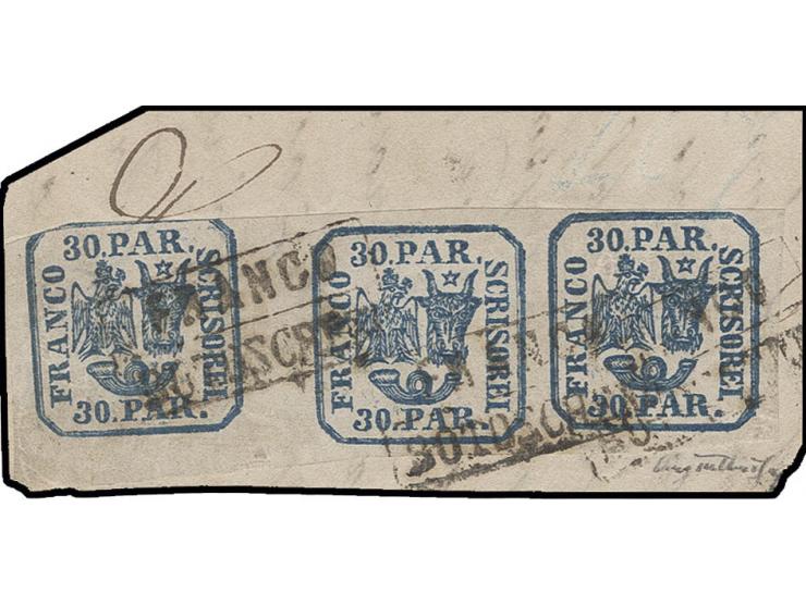 30 par. blue, horizontal strip of 3, the left stamp touched at top, otherwise full to wide margins, tied by boxed "FRANCO BOT