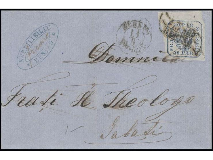 30 par. blue, wide to large margins, tied by "FRANCO BERLAD" to lettersheet to Galatz, very fine
