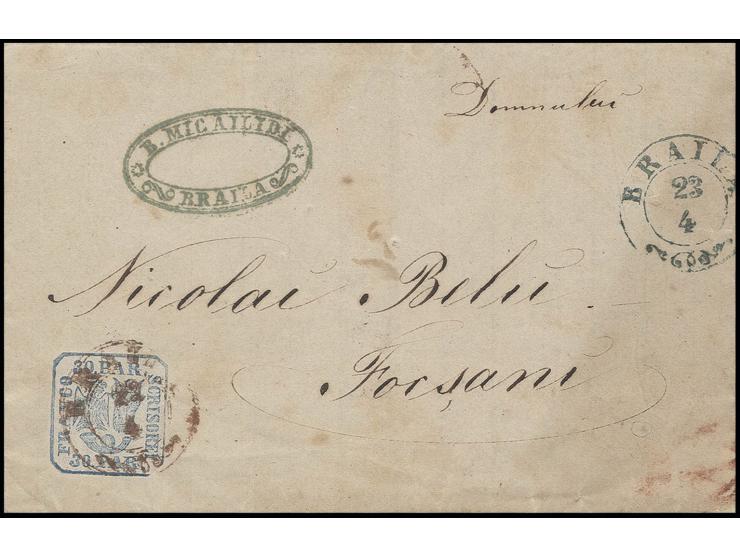 30 par., cut to shape, tied by red cds. "BRAILA 23 4" to entire letter with adjacent same date stamp in blue to Fokschani, si