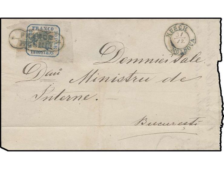 30 par. blue with enormous margins, tied by "FRANCO HUCHII" to lettersheet (uncomplete on reverse) to Bukarest, adjacent "HUS