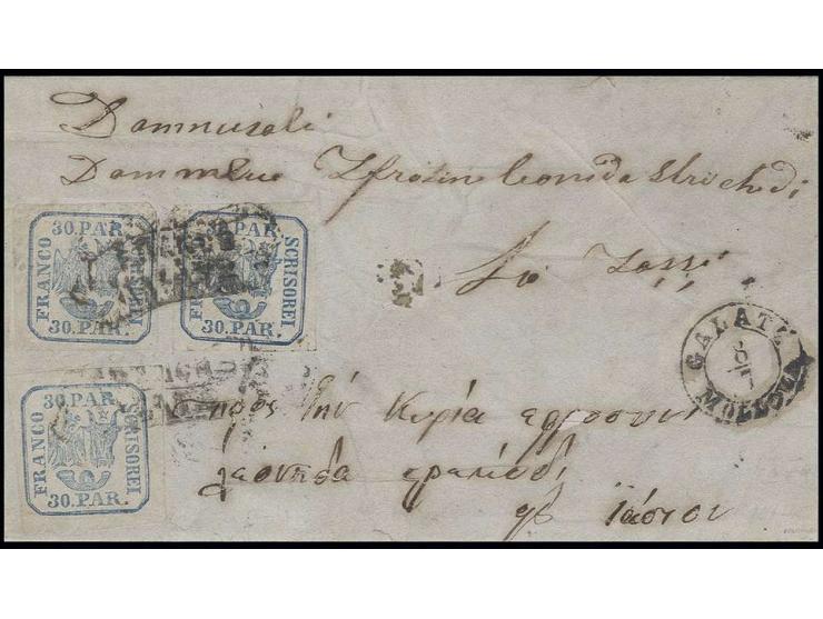 30 par. blue, 3 single copies, all with good to mostly wide margins, tied by "FRANCO GALATZ" with adjacent date stamp "GALATZ