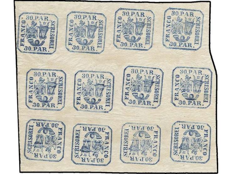 30 par. blue on laid paper, block of 12 with 4 tête-bêche pairs, unhinged mint, extremely fine and fresh