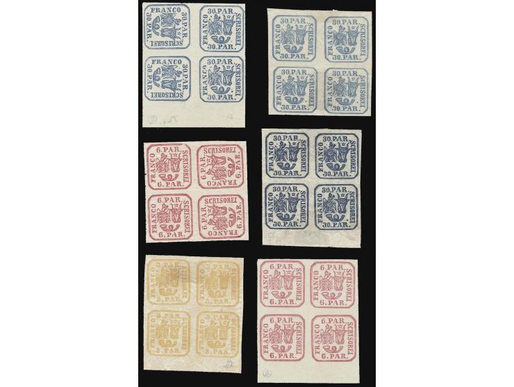 Printed from plates: 3 par. - 30 par. in blocks of 4, incl. 2 distinctive shades of 30 par., also 6 par. and 30 par. in block
