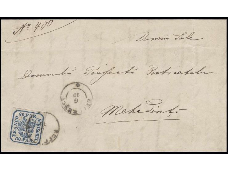 30 par. blue, good margins all around, tied by cds. "BUCURESCI 6 10" to lettersheet with arrival mark of Turnu-Severin, fine