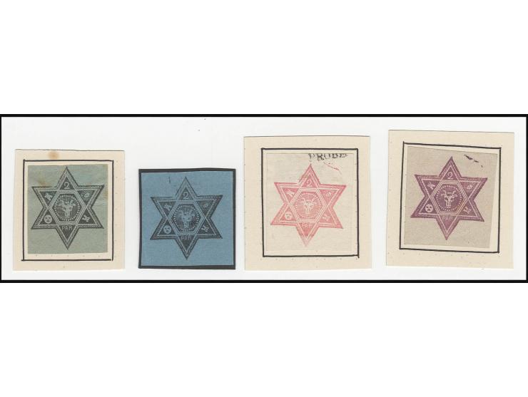 1864/65, 4 unadopted essays 'bull's head in star' 2 par., different colours on white or coloured paper, one with handstamp "P