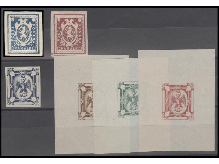 1865/66, lion essays in blue and red (slightly thinned) and crowned eagle essay in blue (cut to shape), brown, green and red