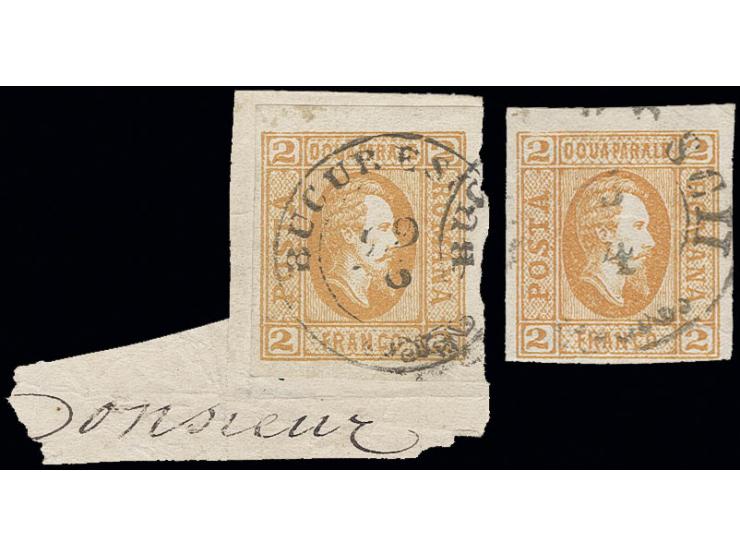 1865, Prince Cuza 2 par. orange on wove and laid paper, both good to wide margins, used by Bukarest cds., wove paper on small