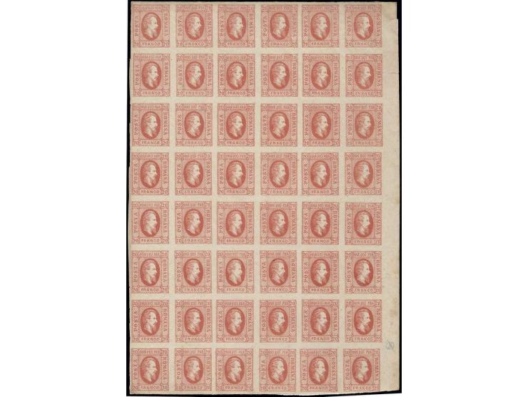 20 par., plate II, vertical block of 48 from the right sheet margin, unused o.g., some faint creasing and few minor marginal 