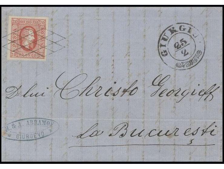 20 par. red, good to wide margins, tied to entire letter with adjacent "GIURGIU 25/2" to Bukarest, very fine