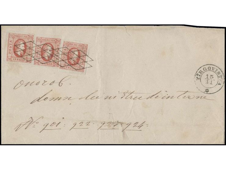 20 par. red, 3 single copies with good to mostly wide margins, tied by clear Gratar cancels to 3rd rate lettersheet from "TIR