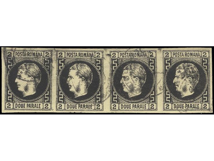 2 par. on yellow, horizontal strip of 4, used with cds. of Bukuresti, the top margin added, otherwise good to wide margins, t
