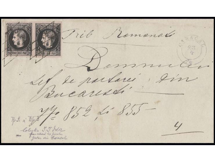 20 par. rose, horizontal pair with wide margins, tied by grid cancel to lettersheet with adjacent cds. "CARACAL 23 4" to Buka