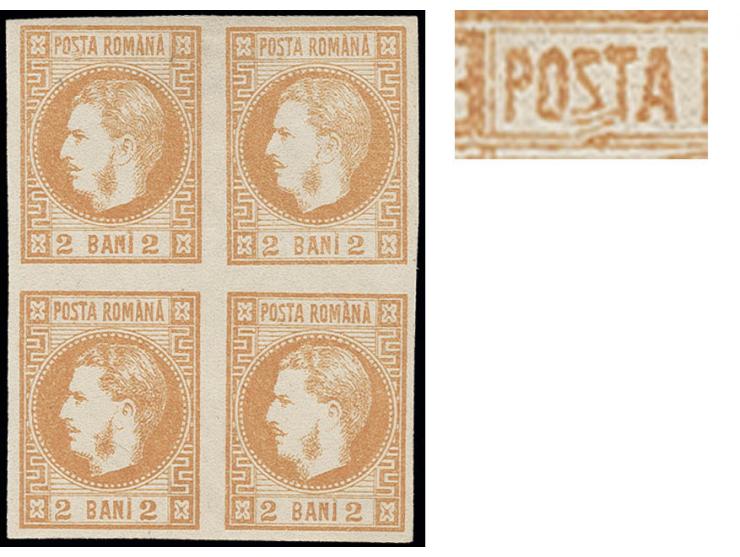 1868, Carol I. 2 b. orange in block of 4, the upper left stamp with retouch of "Dot under ST", fresh colour and large margins
