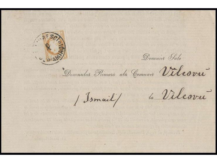 2 b. orange, cut into at left, otherwise good to wide margins, tied by cds. "BUCURESCI DUP'AMIADI 6 6" (1868) to printed matt
