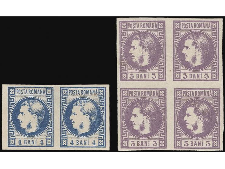 3 b. violet, block of 4 with good margins, unused o.g., tiny thinned spot, otherwise fine, also 4 b. blue in horizontal pair 
