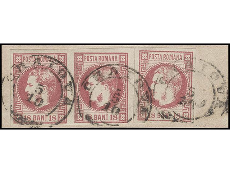 18 b. rose, horizontal pair and single stamp, all with good to wide margins, tied by cds. "CRAIOVA 5 10" to piece, very fine,