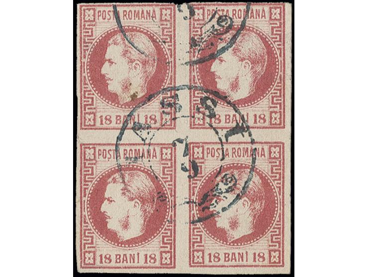 18 b. rose in block of 4, types 2-3/6-7, tiny touched at top, otherwise good to wide margins, cancelled by clear cds. "JASSI 