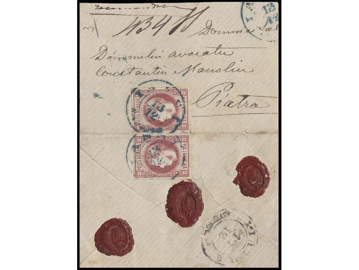 18 b. rose, horizontal pair with good to wide margins, folded around edge of small opened out registered envelope (somewhat r