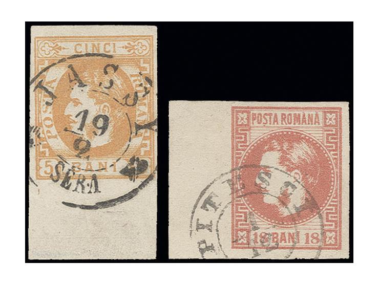 18 b. rose, large margins with 5 mm sheet margin at left, cancelled "PITESCI" and 1869, 5 b. orange, good margins with 12 mm 