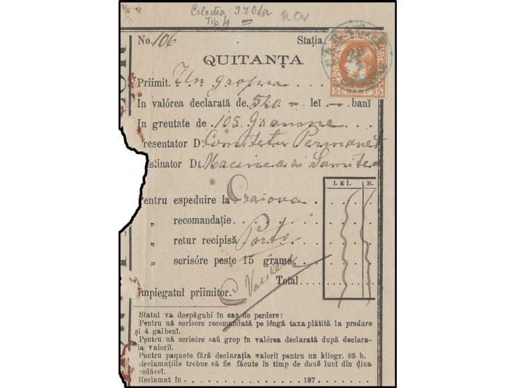 5 b. orange, good to wide margins, tied by blue cds. "CARACAL 28/1" to receipt, fine
Provenance:  collection Odor (1935)