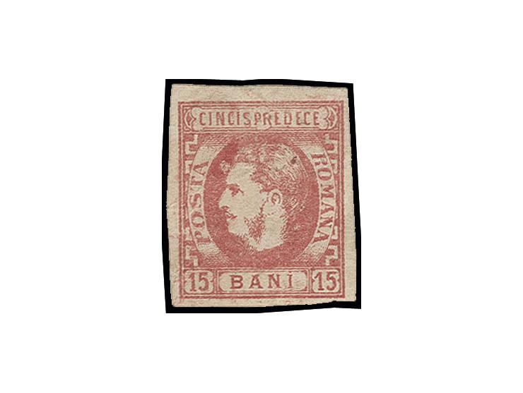15 b. red on vertically laid paper, good to wide margins, unused o.g.; as usual some light creasing and sand grain hole backe