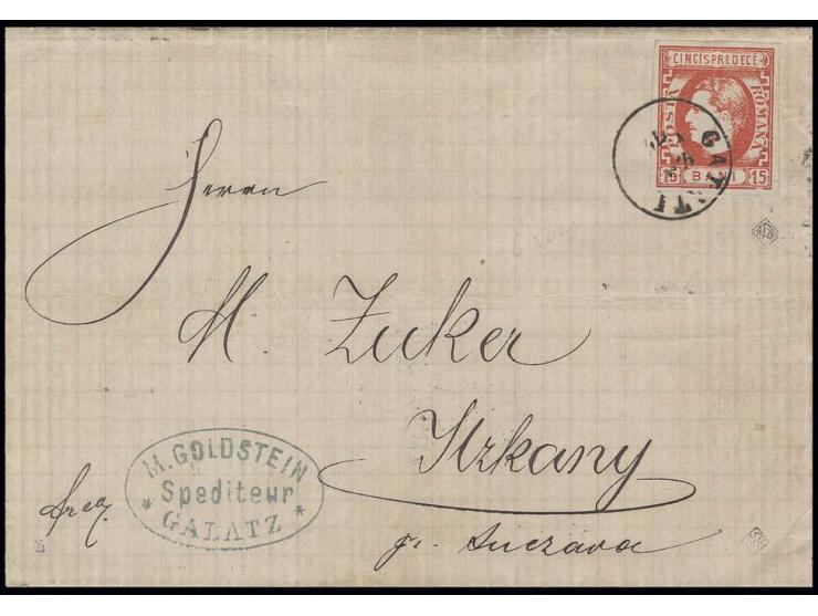 15 b. vermilion, good margins all around, tied by small single circle "GALATI 25 FEB. 74" to entire letter to Itzkany in Aust