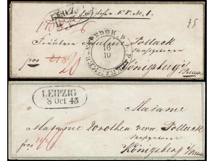 "LEIPZIG", Ovalstempel vom 8. bzw. 11.10.1843 auf 2 Zierbriefen einer Familienkorrespondenz mit grünem bzw. goldenem gedruckt