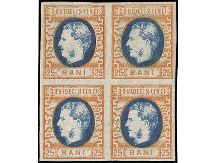 25 b. orange-blue, block of 4, good margins, unused o.g., some private signatures