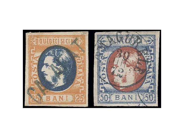 25 b. with full straight line "CALAFAT" and 50 b. with small cds. "T. MAGURELE 30 JUL. 72", both with good to wide margins, v