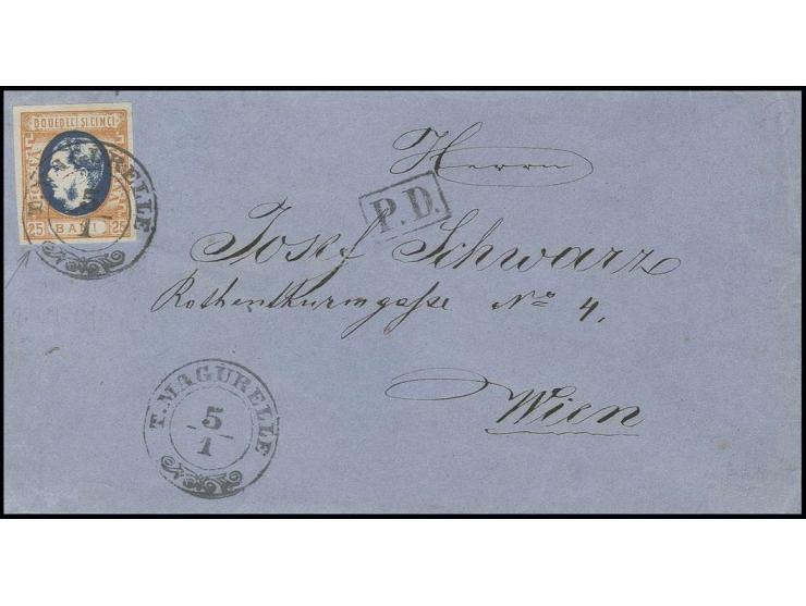 25 b. orange/blue, good even margins, tied by cds. "T. MAGURELLE 5/1" to cover to Vienna, very fine