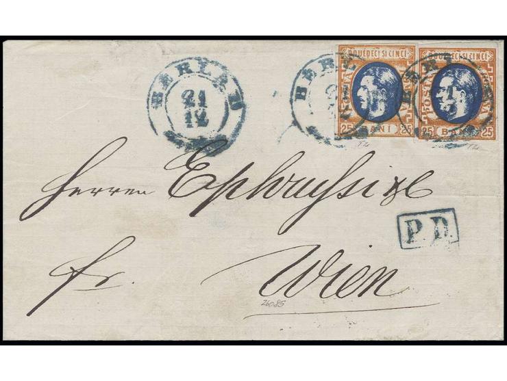 25 b. orange/blue, 2 copies, the left one slightly touched, otherwise good to wide margins, tied by blue "BERLAD 21 12" to do