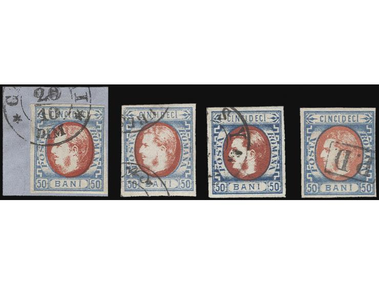 50 b. blue-red, all 4 transfer types, used incl. 2 copies with brush retouches and 1 copy cancelled "P.D." (tiny thin), fine/