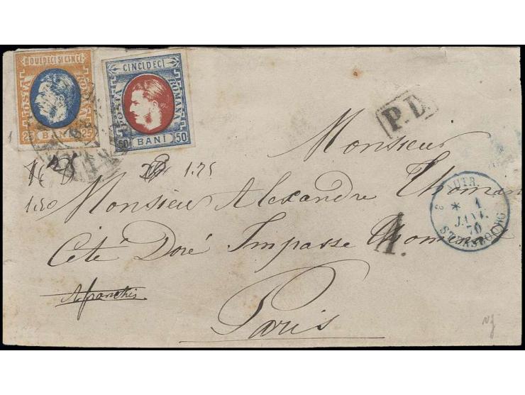 50 b. blue-red and 25 b. orange-blue, tied by Bucuresci large date stamp to cover front to Paris with adjacent blue transit m