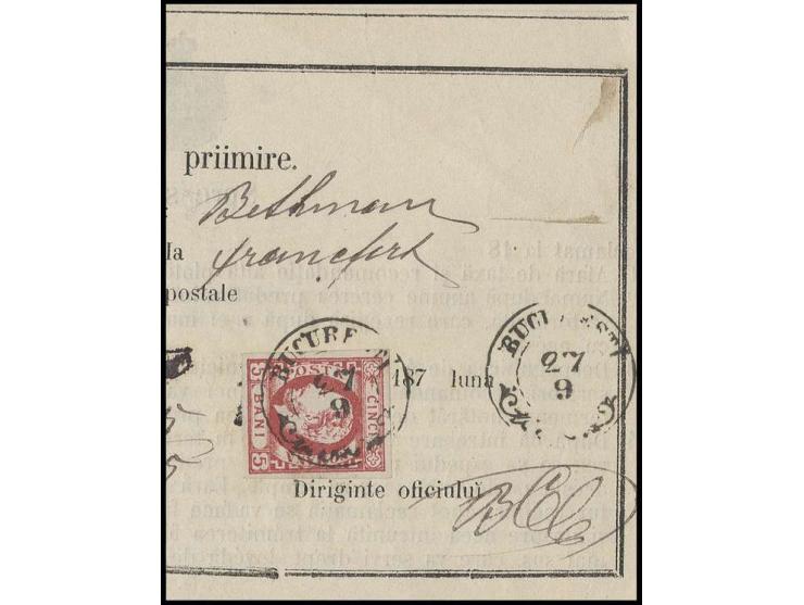 5 b. rose, fresh colour and good margins, tied by cds. "BUCURESTI 27 9" to postal receipt, vertical fold in the middle not af