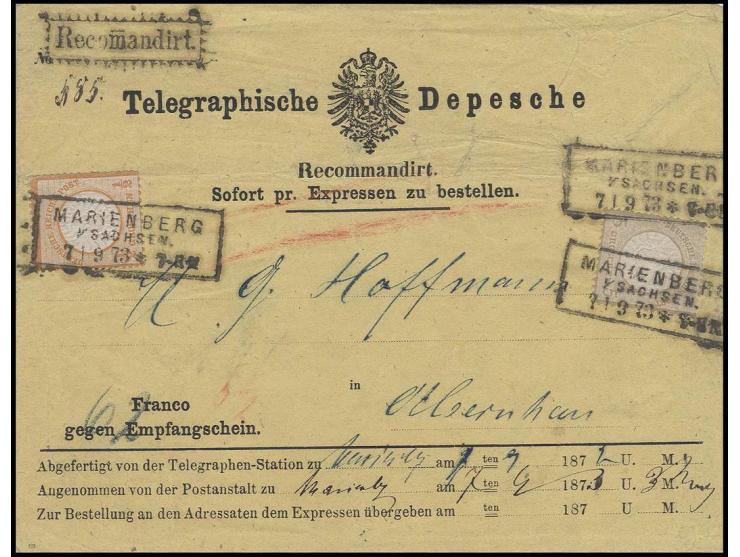 "MARIENBERG i/ SACHSEN 7/9 73", Ablöse-R3 auf Großer Schild ½ Groschen orange und 5 Groschen ocker auf gelbem Telegramm-Kuver