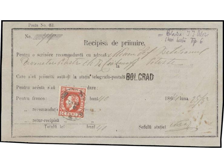 5 b. vermilion, good to large margins, tied by cds. "BOLGRAD 15 5" to recepisse with adjacent straight line "BOLGRAD", fine, 